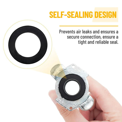 Half Inch NPT Iron Air Hose Fittings Set showing self-sealing washer, prevents air leaks for leak-free pneumatic hoses for DIYers
