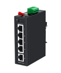 Built Tough 5 Port Industrial DIN Rail Ethernet Switch With 4 Ports And 1 Uplink, 10 100 Mbps Fast Ethernet, side view, IP30 rated