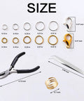One Stop Jewelry Making Kit With Open Jump Rings And Lobster Clasps Pliers Tweezers And Ring Opener For Necklace Repair And DIY Crafting 1200 Piece Silver And Gold Component Set showing jewelry tools and sizes.