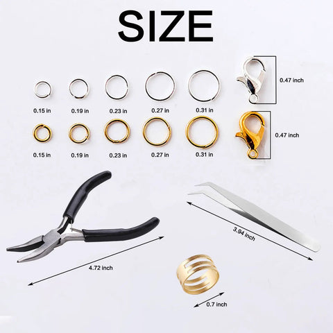 One Stop Jewelry Making Kit With Open Jump Rings And Lobster Clasps Pliers Tweezers And Ring Opener For Necklace Repair And DIY Crafting 1200 Piece Silver And Gold Component Set showing jewelry tools and sizes.