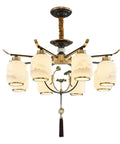 Sharp Chinese Style Crystal Ceiling Fan Chandelier For Living Room with elegant frosted glass and gold accents.