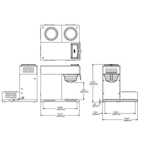 Technical diagram of Low Profile 12 Cup Pourover Commercial Coffee Maker With 3 Lower Warmers Silver Finish A Real Workhorse For Cafes Or Busy Offices NoNonsense Durable Heavy Duty Brewer Model 13300.0003