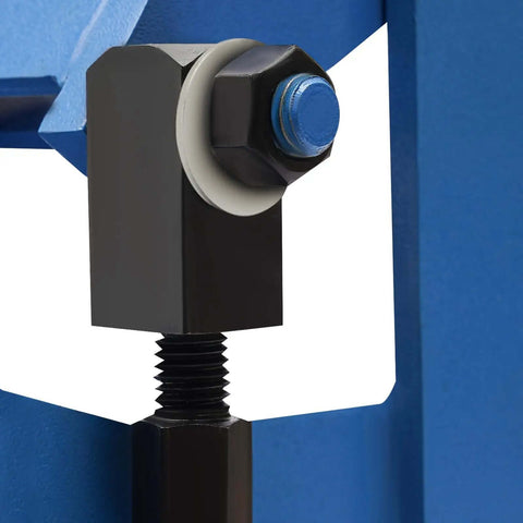 Close-up of Pro Grade Heavy Duty Floor Box And Pan Brake 24 Inch Sheet Metal Bender component with bolt and blue detail