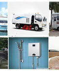 Collage of various water usage scenarios, includes boats, RVs, fountain, and washing; related to 24V DC Submersible Deep Well Water Pump