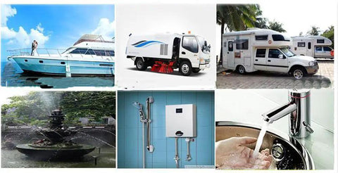 Collage of various water usage scenarios, includes boats, RVs, fountain, and washing; related to 24V DC Submersible Deep Well Water Pump