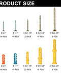 230 Piece Drywall Anchors And Screws Kit With Plastic Wall Plugs In Five Sizes And Three Colors displayed by size and count