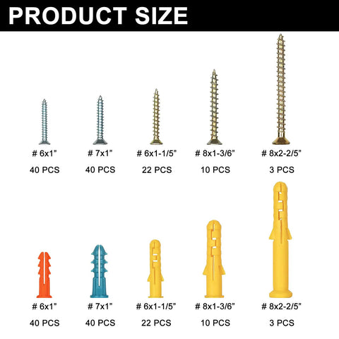 230 Piece Drywall Anchors And Screws Kit With Plastic Wall Plugs In Five Sizes And Three Colors displayed by size and count