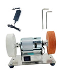 Compact Mini Belt Sander With High Power Motor And Adjustable Speed Options From 3000 To 6000 Rpm, showing motor and polishing wheels.