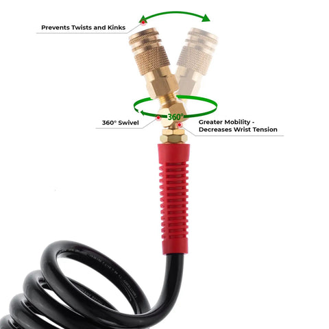 Lightweight Polyurethane Recoil Air Hose 3/8 Inch Lite 5/16 Inch By 25 Feet With 1/4 Inch MNPT Ends showing brass swivel connector