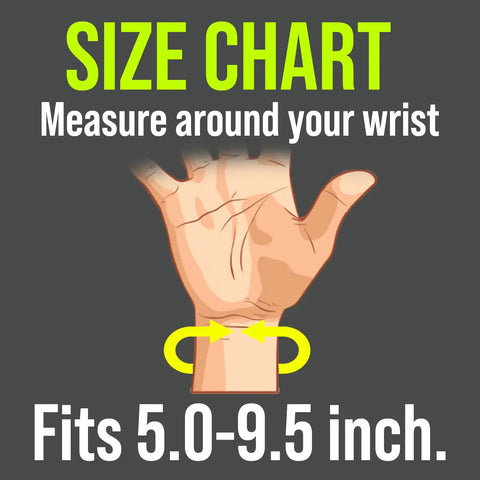 Size chart for Carpal Tunnel Wrist Brace Night Support With Splint Stabilizer And Palm Cushion, fits 5-9.5 inch wrists.