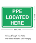 Mandatory PPE Safety Gear Storage Location Sign For Outdoor Use 8x12 Weatherproof Aluminum Plate with green background.