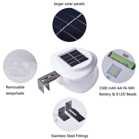 6 Pack Upgraded Solar Gutter Lights Outdoor With 9 LED, IP55 Waterproof, larger panels, battery, and fittings displayed
