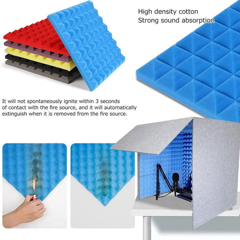 Heavy Duty Foldable Soundproof Booth With Thick Acoustic Foam Panels For Vocal And Microphone Recording Desktop Studio Sound Dampening Pod In Blue, showing blue acoustic foam tiles and soundproof booth interior.