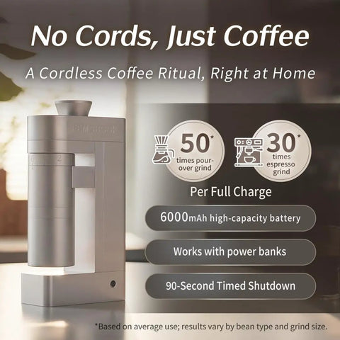 A5 Cordless Electric Burr Coffee Grinder With Zero Trouble Rechargeable Battery And 53Mm Stainless Steel Conical Burrs For Silky Smooth Grinds In Sharp Champagne Gold Shine on kitchen counter.