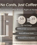 Cordless Battery Powered Electric Burr Coffee Grinder With 53mm Stainless Steel Conical Burrs on a countertop, showcasing its sleek design.