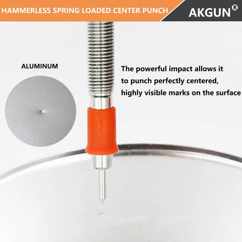 Close-up of One Eighth Inch High Speed Steel Hammerless Center Punch Tool marking aluminum surface