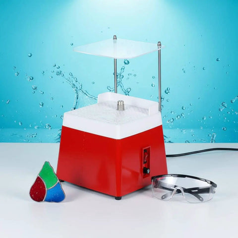 Diamond Glass Grinding Machine With Auto Cooling And Baffle, red benchtop grinder with water tray and safety glasses.