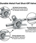 Close-up of a durable metal fuel shut-off valve with clearly marked lever and standard barbed inlets for secure fuel hose fit.