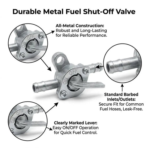 Close-up of a durable metal fuel shut-off valve with clearly marked lever and standard barbed inlets for secure fuel hose fit.
