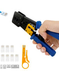 Close-up of RJ45 Crimp Tool Set for Ethernet Cabling with mini wire stripper, 10 crystal heads, and 5 replacement blades, blue handle.