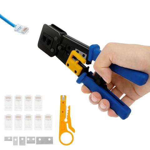 Close-up of RJ45 Crimp Tool Set for Ethernet Cabling with mini wire stripper, 10 crystal heads, and 5 replacement blades, blue handle.