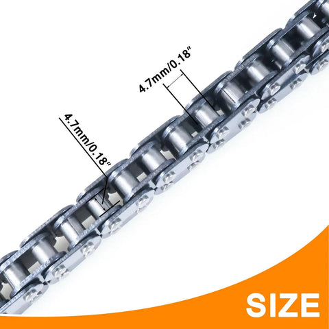 Close-up of T8F Drive Chain 134 Links With Chain Breaker Kit for 2 Stroke 43cc 47cc 49cc 50cc showing link size dimensions 4.7mm/0.18''