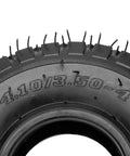 Close-up of Set Of Two 4.10/3.50-4 Tire And Inner Tube With Bent Valve Stem For Lawn Mower Hand Truck Wheelbarrow Go Kart Trailer