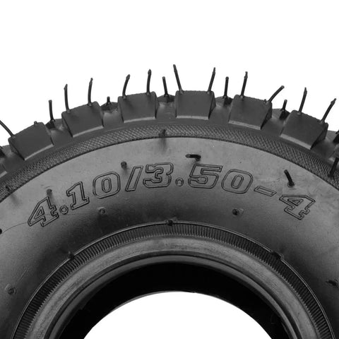 Close-up of Set Of Two 4.10/3.50-4 Tire And Inner Tube With Bent Valve Stem For Lawn Mower Hand Truck Wheelbarrow Go Kart Trailer