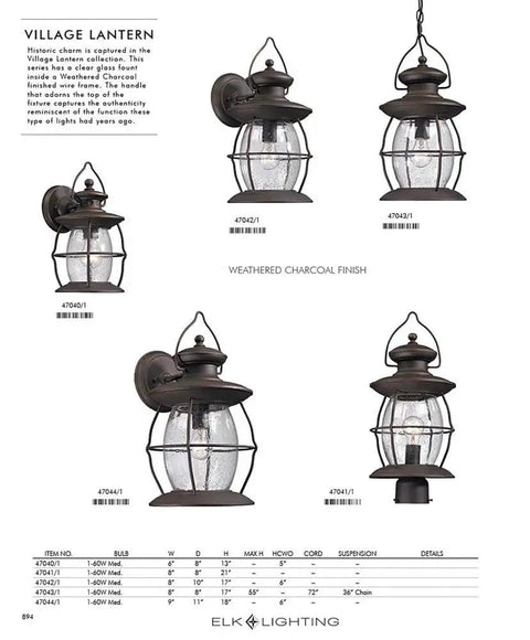 Village Lantern Outdoor Pendant Light 8 Inch Wide 1 Light Weathered Charcoal Finish Rustic Metal Exterior Fixture