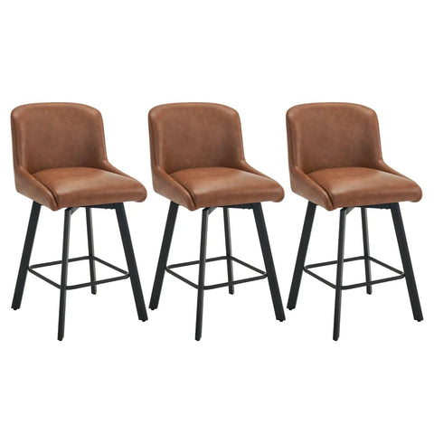 Swivel Bar Stools Set Of Three 26 Inch High Comfy Upholstered Barstools With Backs For Kitchen Island Modern Counter Height Chairs With Sleek Metal Legs And Faux Leather Brown Finish