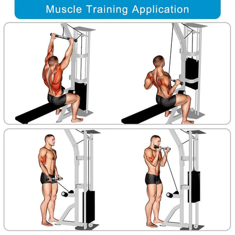 Illustration of exercises using Rotating Straight Bar Attachment for Cable Machines, 18 Inch with 360 Degree Swivel and Non Slip Rubber Handle