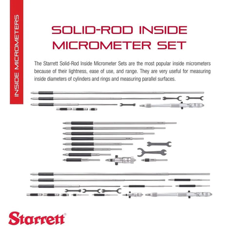 Beefy Solid Rod Inside Micrometer Set With Case And Insulated Rods, Quick Reading Figures, Hardened And Ground Anvils, 2 To 12 Inch Range, 0.001 Inch Graduation, Padded Carry Case, Model 124BZ displayed in open arrangement with rods and wrenches.