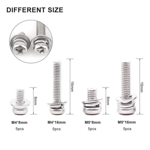 160 Pieces Stainless Steel SS304 Pan Head Screws And Nuts Kit M2 To M5 Fasteners showing different sizes and dimensions.