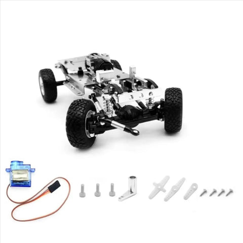 Mini 1 By 24 Scale RC Car Chassis Frame Upgrade Kit With Metal Construction, showing metal chassis, motor, and servo components.