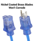 Close-up of blue electrical cord plug with nickel coated brass blades, text highlights corrosion resistance.