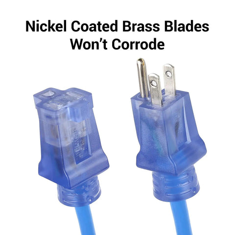 Close-up of blue electrical cord plug with nickel coated brass blades, text highlights corrosion resistance.