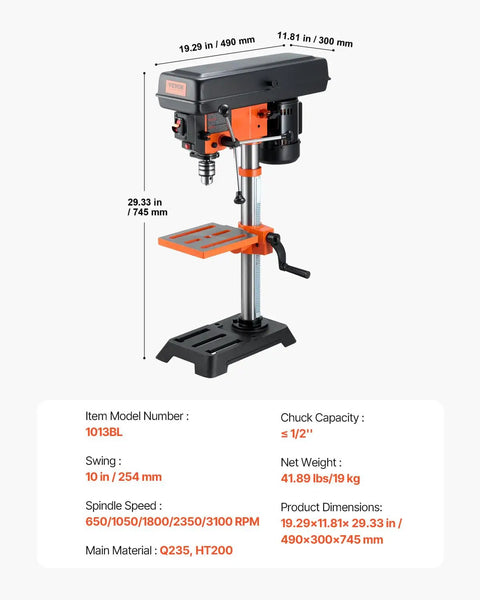 Heavy Duty Benchtop Drill Press Packing A Killer 3.2 Amp Motor And Five Speeds With Ten Inch Swing Plus Tilting Cast Iron Table, detailed view.