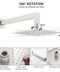 360-degree rotation feature of brushed nickel shower trim kit with valve included, showing adjustable shower arm and silicone nozzles.