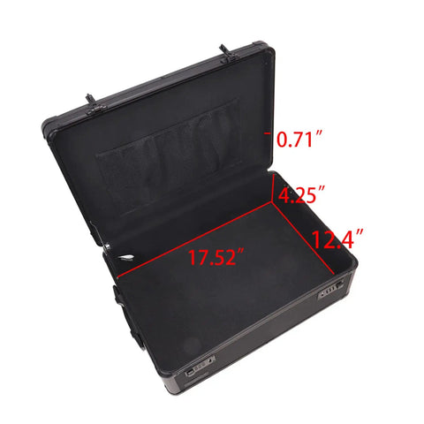 Lockable Dorm Storage Trunk With Combo Lock For Valuables, Heavy Duty Box With Metal Corners, Black on Black, open showing interior dimensions.