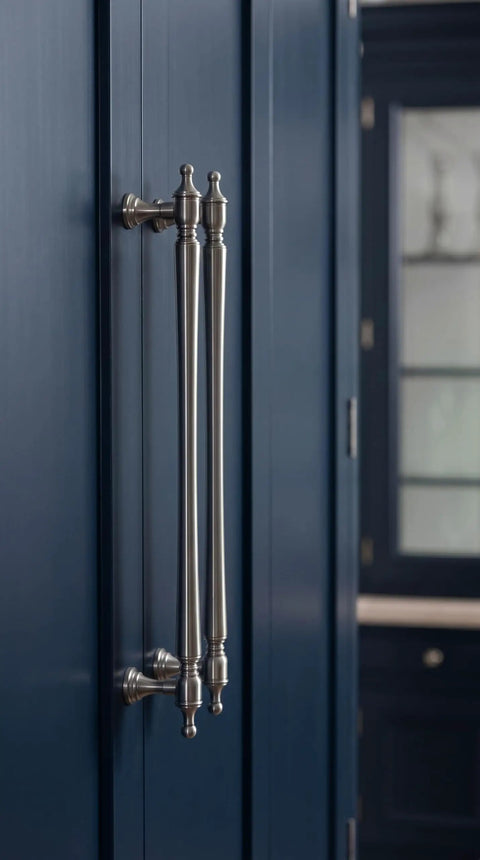 Transitional Satin Nickel Cabinet Pulls With 7 9/16 Inch Hole Centers, 6 Pack Zinc Alloy Drawer Handles on blue cabinet
