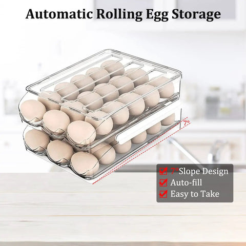 Auto Rolling Egg Storage Bin For Refrigerator, 36 Egg Capacity, clear plastic two-layer stackable organizer with 7 degree slope