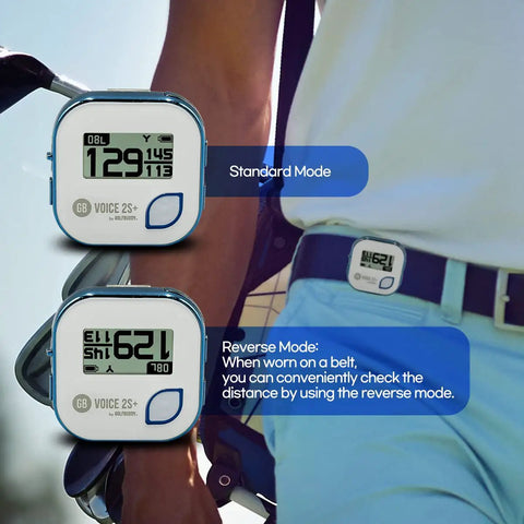 Voice 2S Plus Talking Golf GPS Rangefinder with Clip On Hat Mount, showing real-time distances in standard and reverse modes.