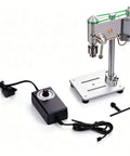 3.8 Inch Electric Mini Bench Drill Press With Cast Iron Base For Woodworking Jewelry DIY Metal Drilling Tool Stepless Variable Speed 400 To 4500 RPM And Wide Jaw Capacity Clamping Range on a silver base with control panel.
