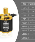 3500KV brushless motor with specifications for RC car, featuring 7.4V voltage, 3500KV RPM, and gold and black design.