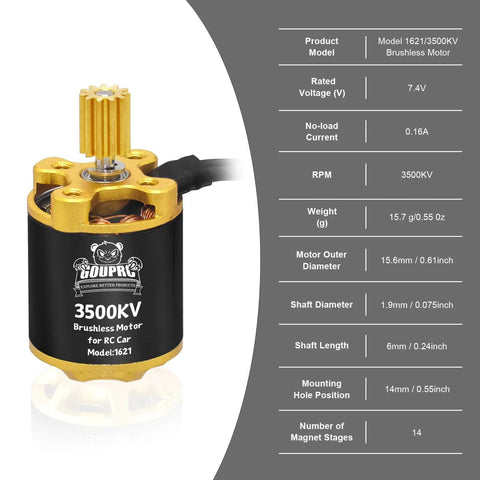 3500KV brushless motor with specifications for RC car, featuring 7.4V voltage, 3500KV RPM, and gold and black design.