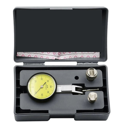 Digital Caliper, Dial Indicator Extension Swivel Clamp Digital Altimeter in gray case with yellow dial indicator and two clamps.