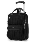 16 inch black softside underseat carry on luggage with wheels for travel, padded laptop sleeve, front view.