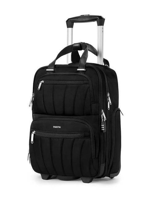 16 inch black softside underseat carry on luggage with wheels for travel, padded laptop sleeve, front view.