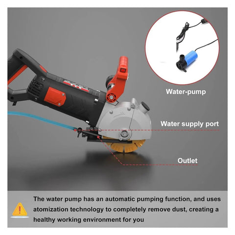 Heavy Hitter 4800 Watt Electric Wall Chaser And Concrete Groove Cutter showing water pump, supply port, and cutting blade.
