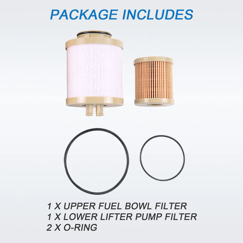 Diesel Fuel Filter Replacement For Ford 6.0L Power Stroke V8 2003 2004 2005 2006 2007 F250 F350 F450 F550 Super Duty And 2003 2005 Excursion Includes Lower Lifter Pump And Upper Fuel Bowl Filter displayed with o-rings and filters
